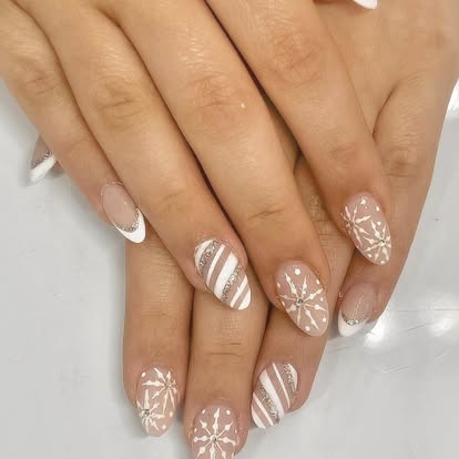 Neutral manicure with delicate white line art